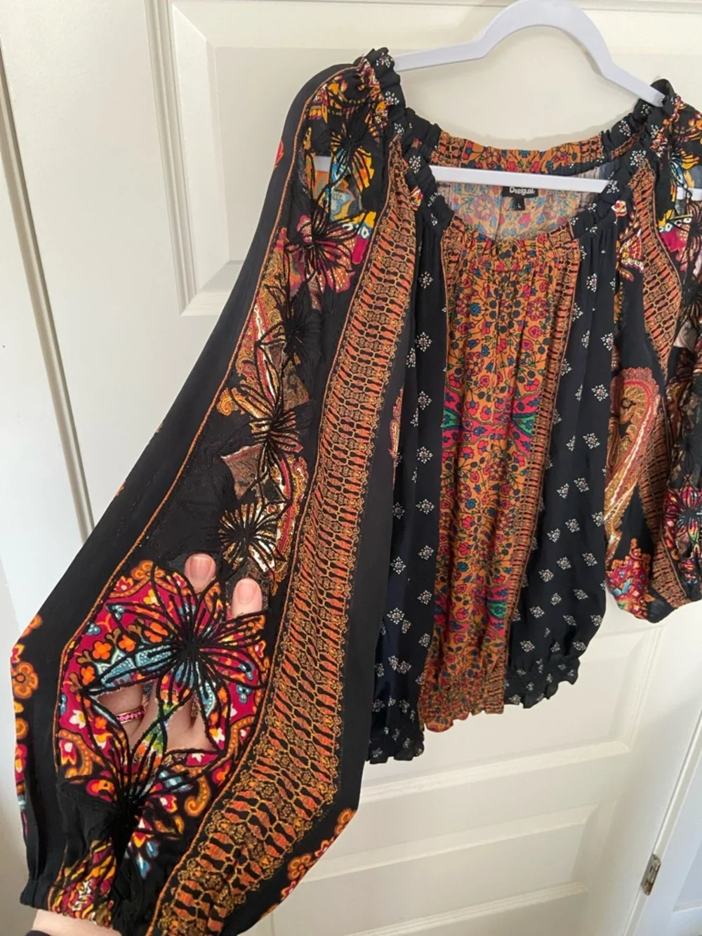 Desigual Off-Shoulder Boho Floral Patchwork Top in Black and Rust - Picture 9 of 11